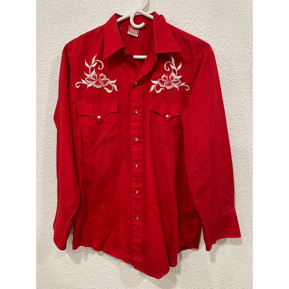 Vintage Ely Plains red western pearl snap shirt with floral embroidery